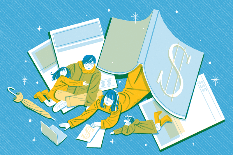Illustration of a family looking at their bills. Yellow and blue colors.