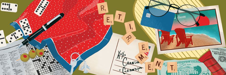 Illustration showing novelty items alluding to retirement entertainment, such as crossword puzzles and letters from vacations.