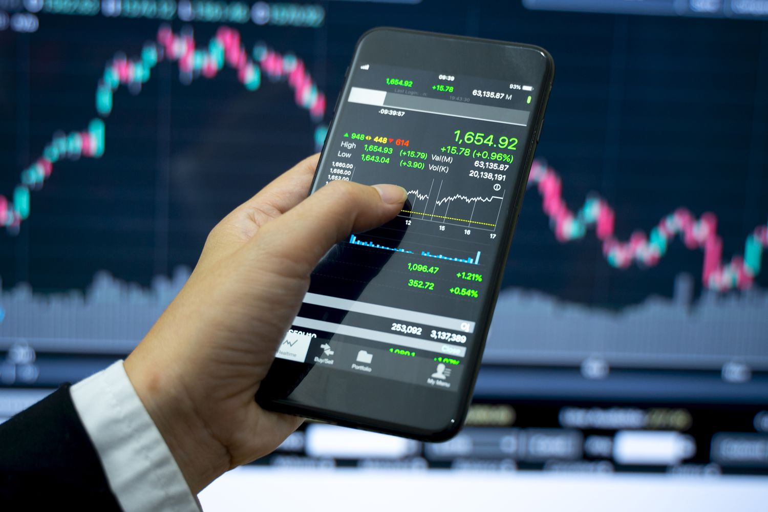 A trader uses a smart phone to call up the historical price of a stock before and after a stock split.