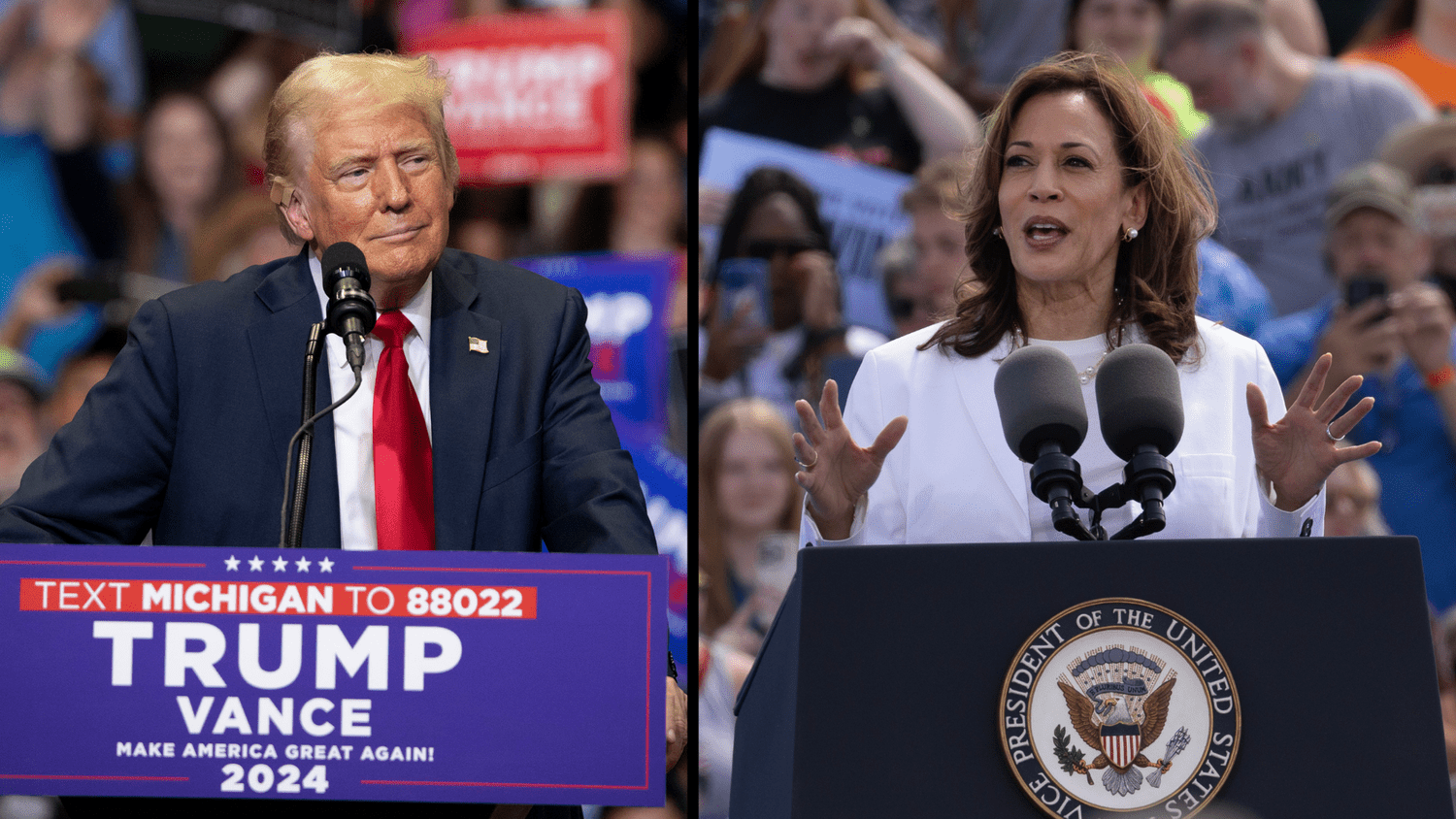 Side-by-side photos of Republican presidential candidate Donald Trump and Democratic candidate Kamala Harris speaking at campaign rallies.