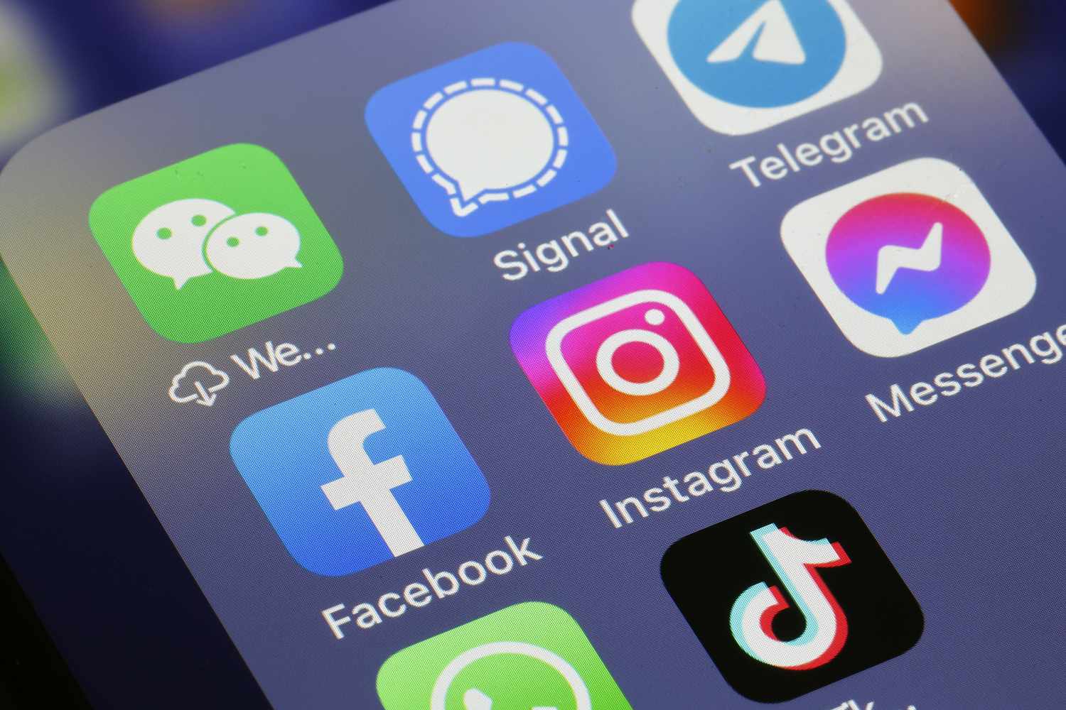 Logos of social media applications, Instagram, WhatsApp, Messenger, WeChat, Signal, Telegram, TikTok, Twitter and Facebook