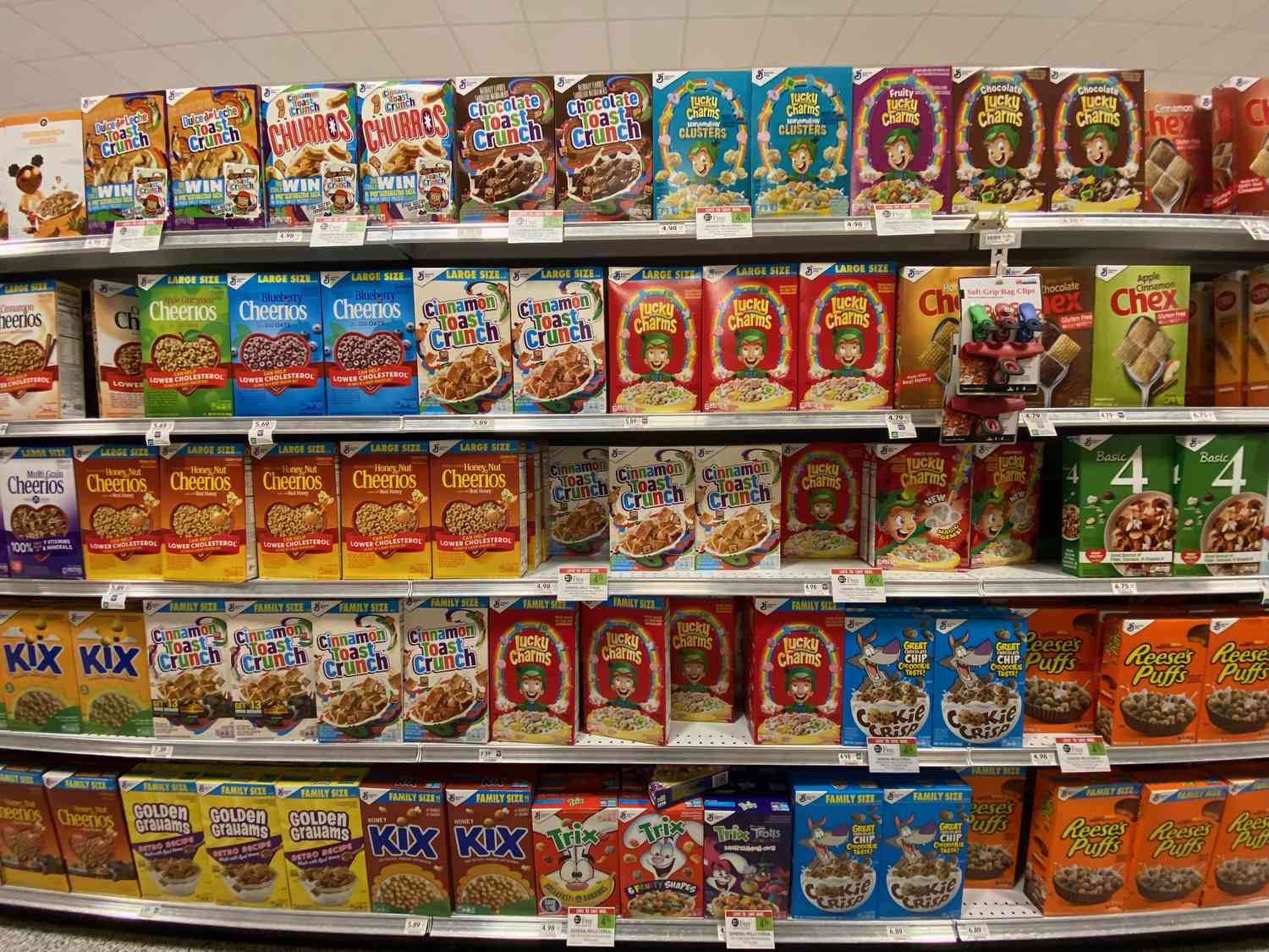 General Mills and Quaker Cereal aisle at a Publix grocery store in Florida.