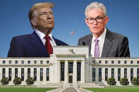 In this photo composite, the Federal Reserve building sits in front of Donald Trump and Jerome Powell.