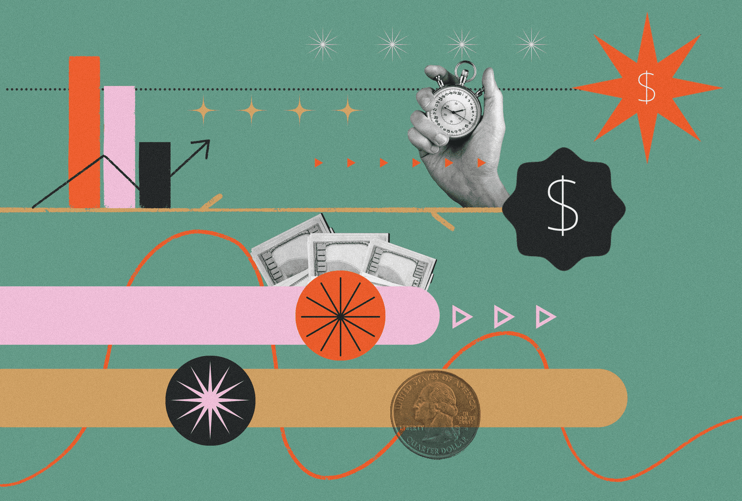 A collage with financial themes, including graphs, dollar bills, a stopwatch, and motion arrows