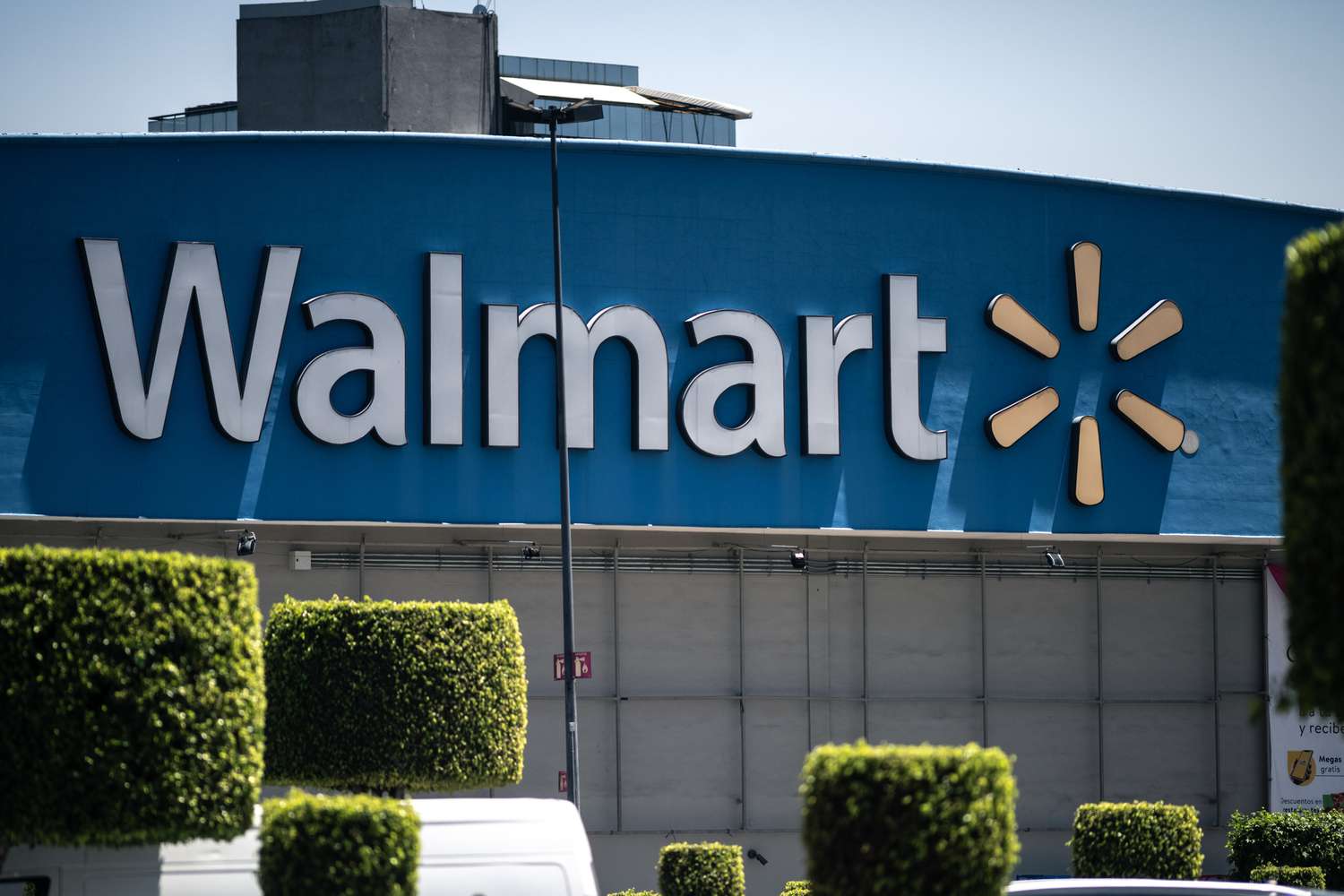 The blue and white Walmart logo is seen on the side of a store, with green bushes in the foreground.