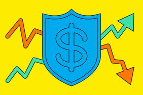 A shield with a dollar symbol is overlaid on upward and downward facing arrow graphs