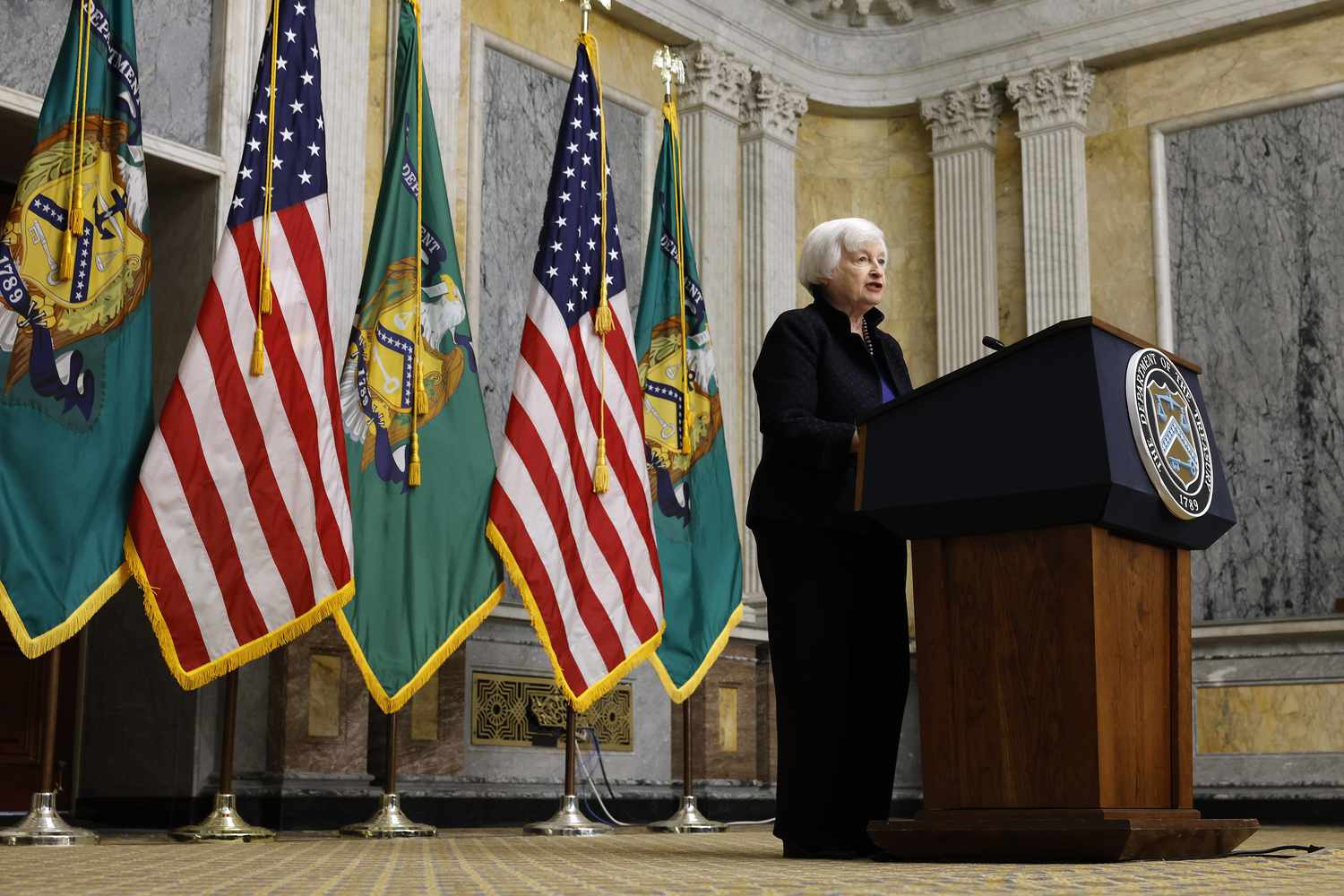 U.S. Treasury Secretary Janet Yellen holds a news conference in the Cash Room at the Treasury Department on April 11, 2023 in Washington, DC.