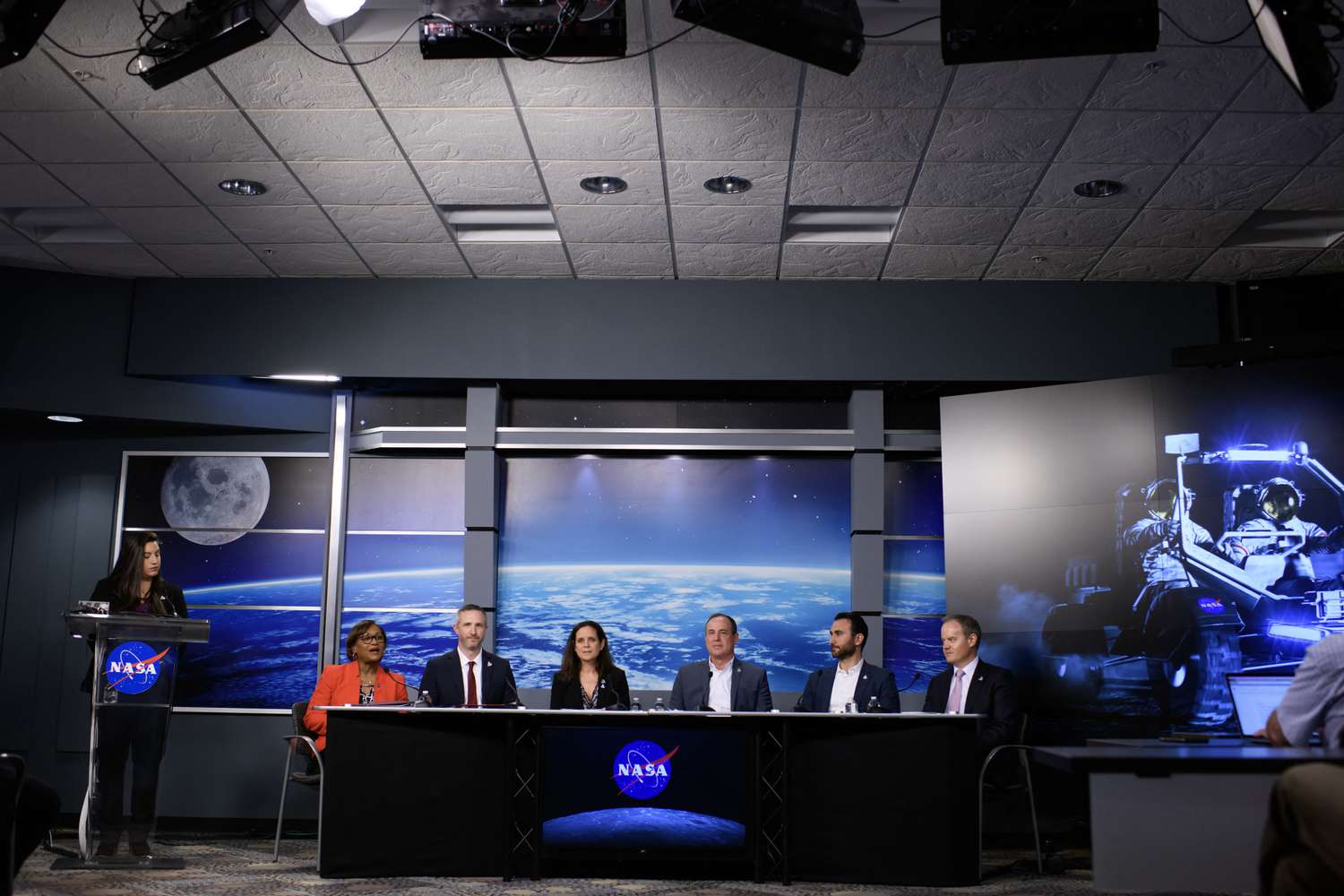 Intuitive Machines CEO Stephen Altemus (third from right) participate in a press conference to announce the new vehicle which will help Artemis astronauts explore the Moon on future missions, at the Johnson Space Center in Houston, Texas, on April 3, 2024