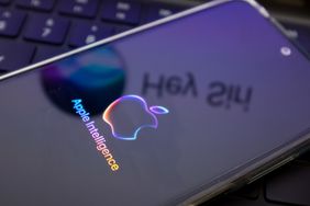 Apple Intelligence logo on a smartphone, with the Siri logo in the background.