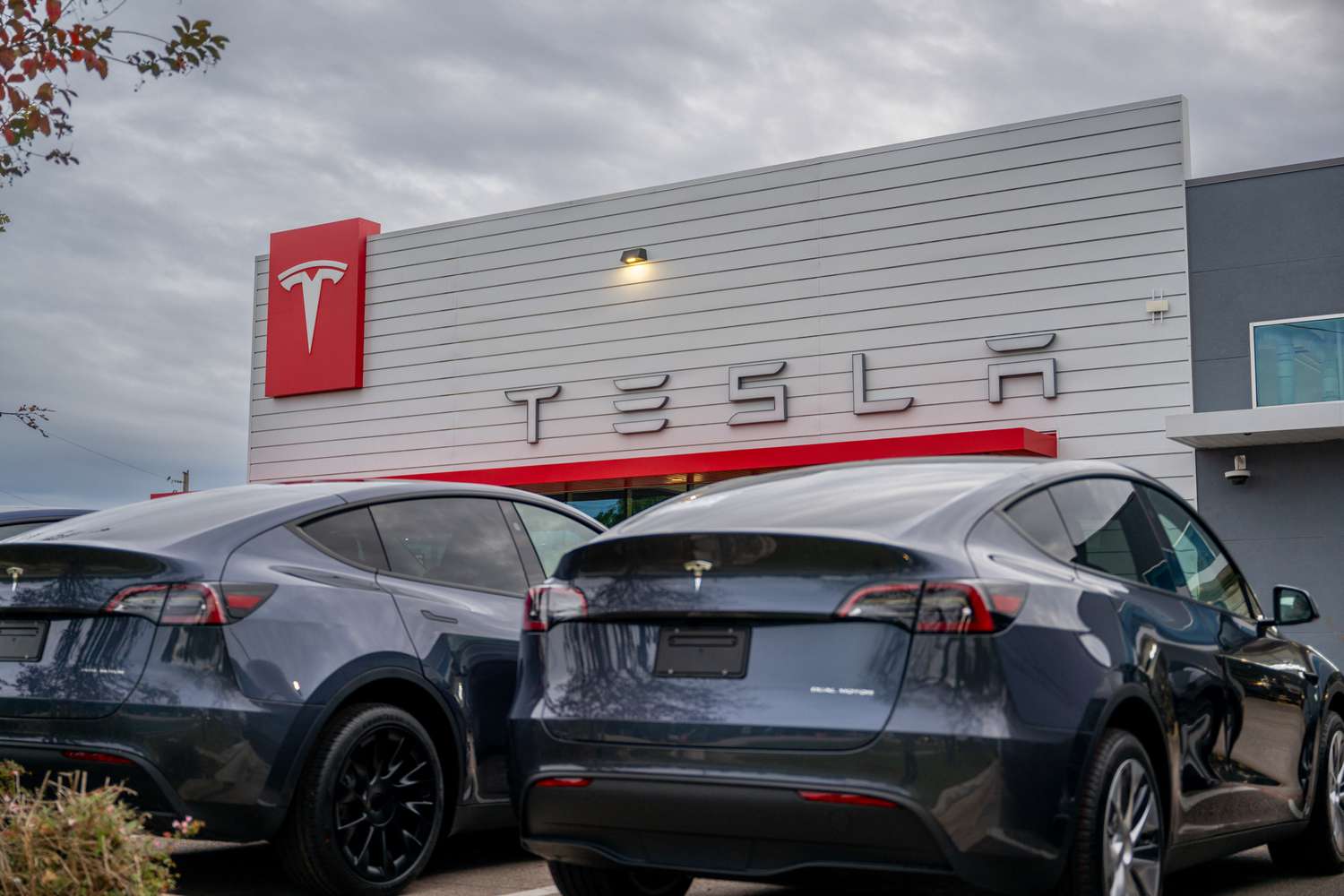 Tesla cars sit in a dealership lot.
