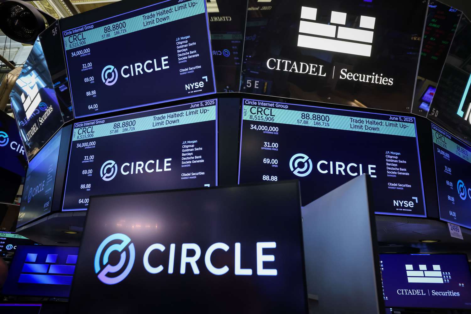 Circle Internet Financial Ltd. signage during the company's initial public offering (IPO) on the floor of the New York Stock Exchange (NYSE) on June 5, 2025