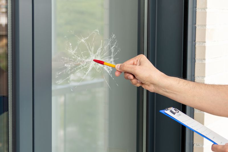A person pointing and checking the broken glass door to note down detail for the comprehensive glass policy that the homeowner bought.
