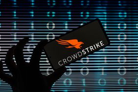 An illustration of a person holding a mobile device on which the Crowdstrike logo is shown. 