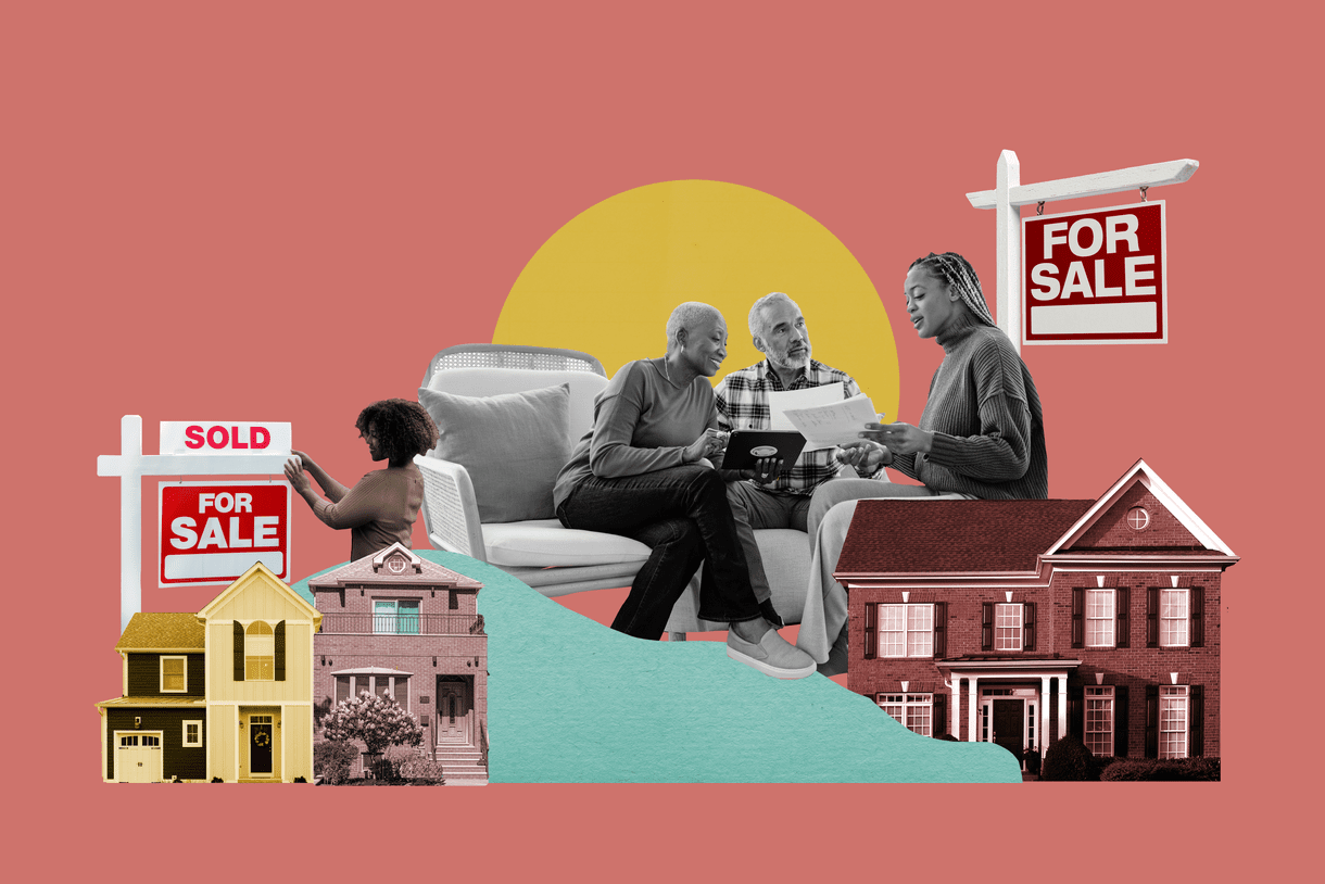 Illustration of homebuying concept with for sale signs, different home types, and a family looking at paperwork.