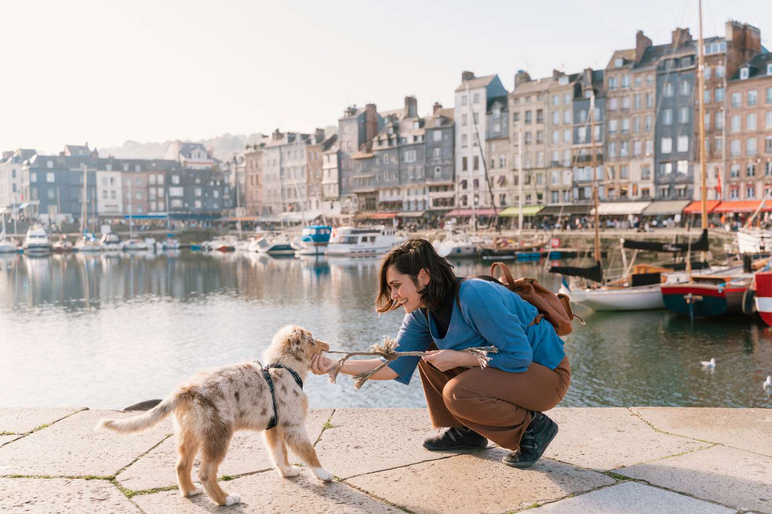 Horizontal panoramic view of young woman caressing dog traveling at Honfleur harbour at Seine river canal. People and tourist destination in France