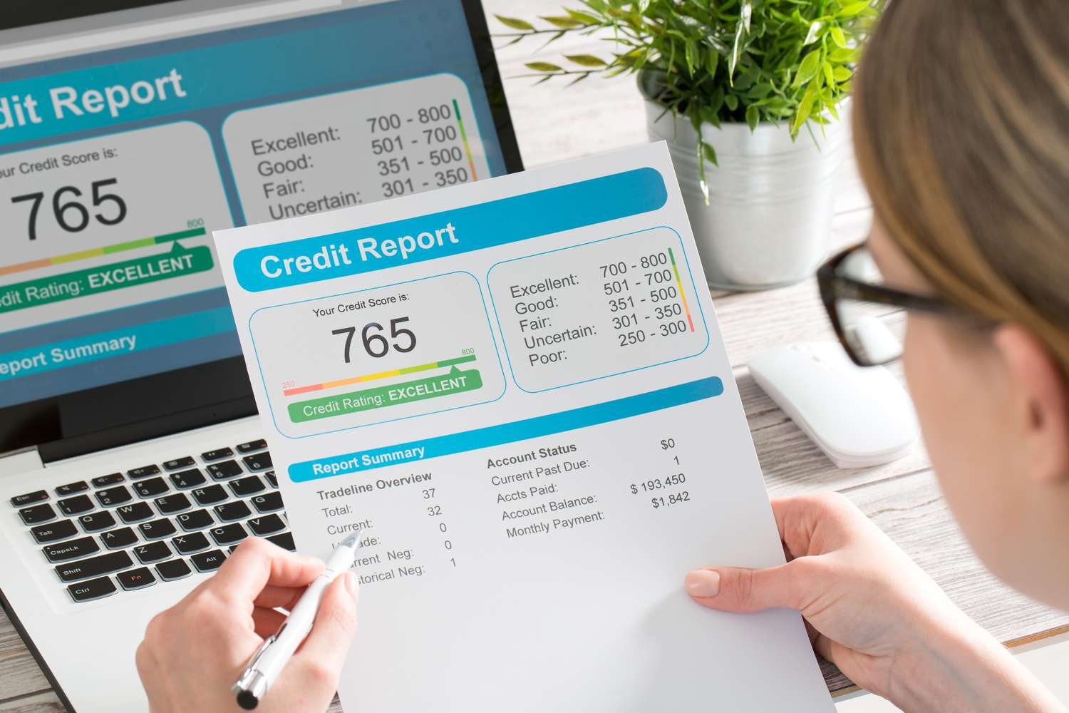 A person looking at a credit report to compare it with the national average and average credit score by state.
