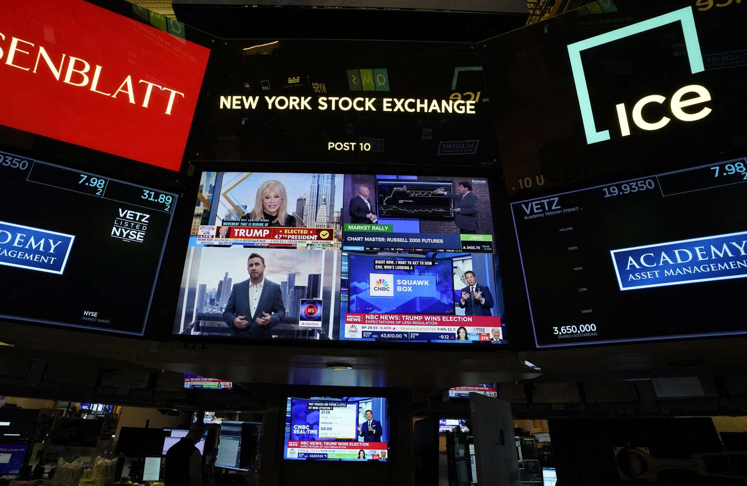 TV screens on the floor of the New York Stock Exchange on Wednesday. 