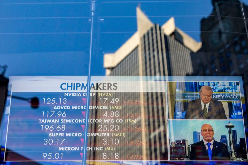Stock market information displayed at the Nasdaq MarketSite in New York, US, on Monday, Jan. 27, 2025