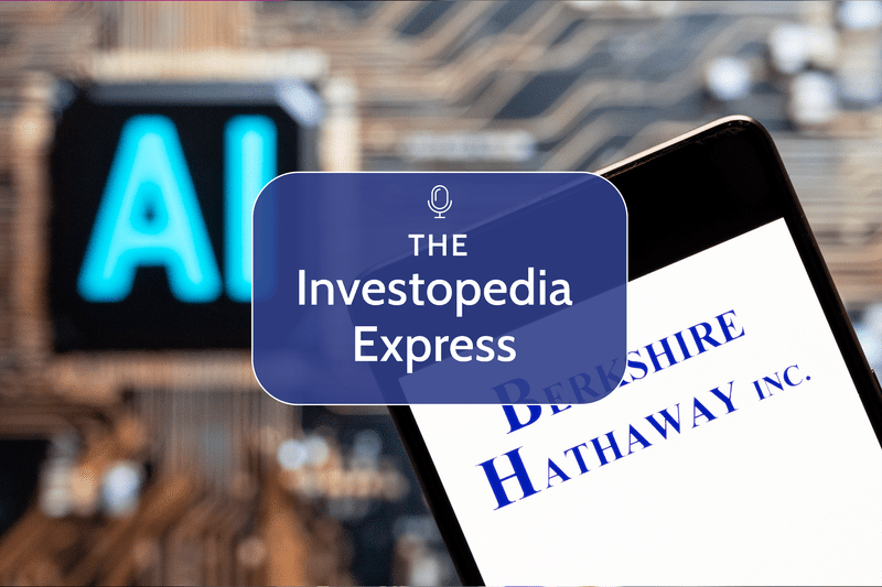 Illustration of Berkshire Hathaway Inc. on a phone screen with a sign that says AI in the background