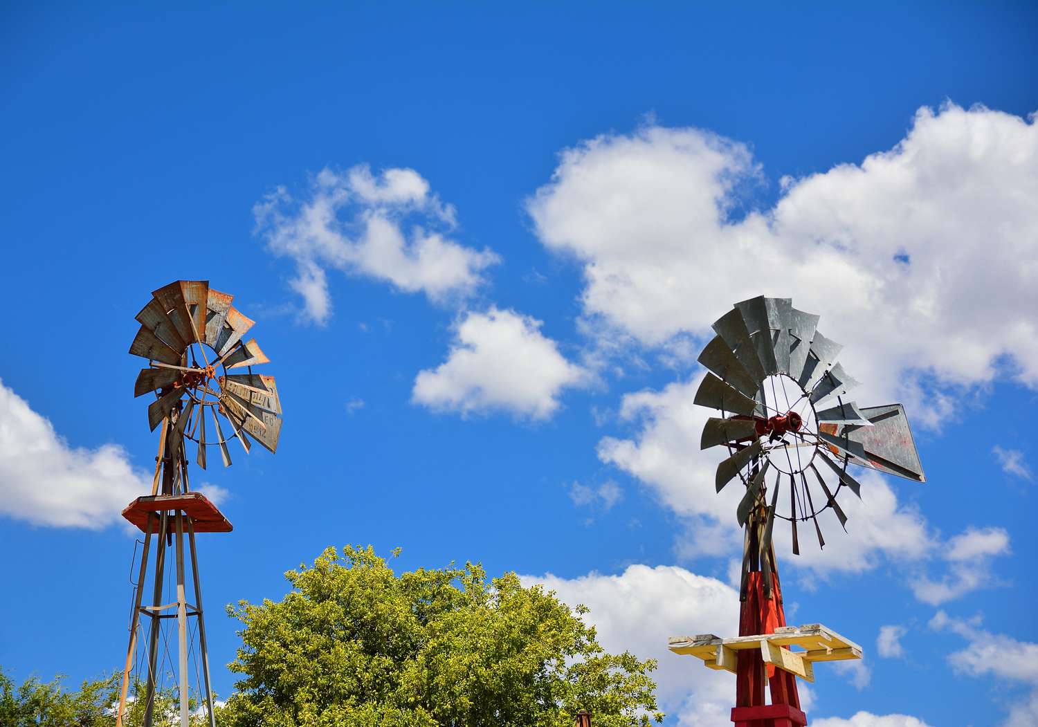 Two windmills on a farm near Hugo, Oklahoma.