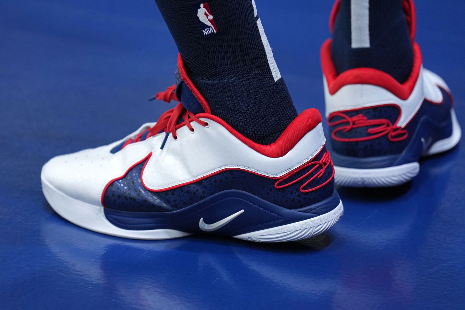 The sneakers worn by LeBron James #6 of Team USA during the USA Men's National Team practice on August 2, 2024 at Palais des Sports Marcel-Cerdan in Paris, 