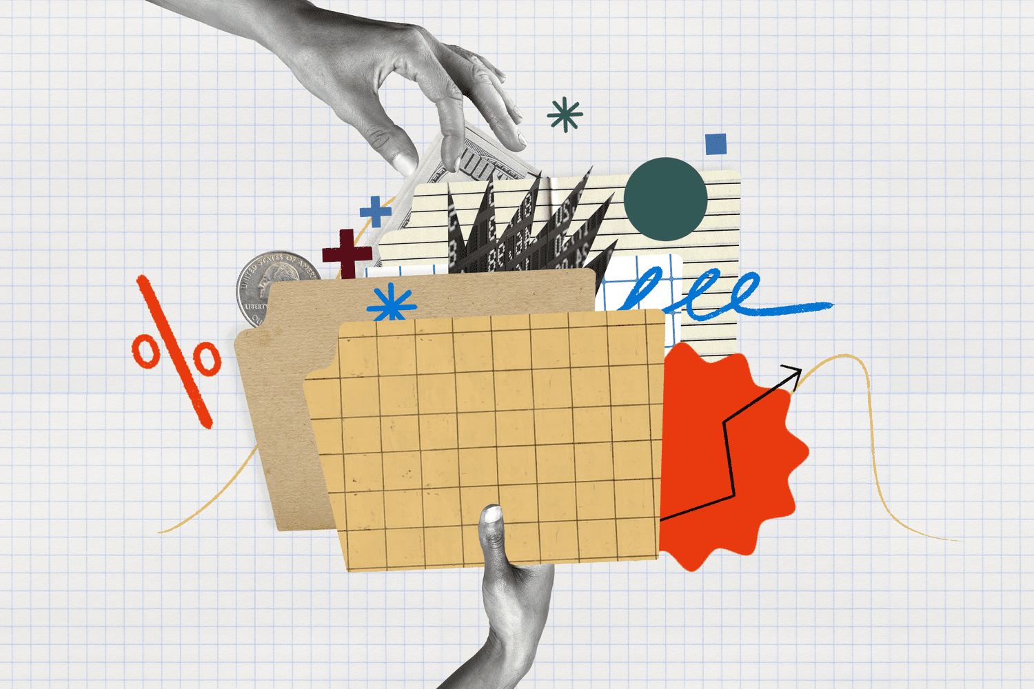 Photo and illustration composite image showing a folder and different things inside of it, including cash, to represent diversifying an investment portfolio. 