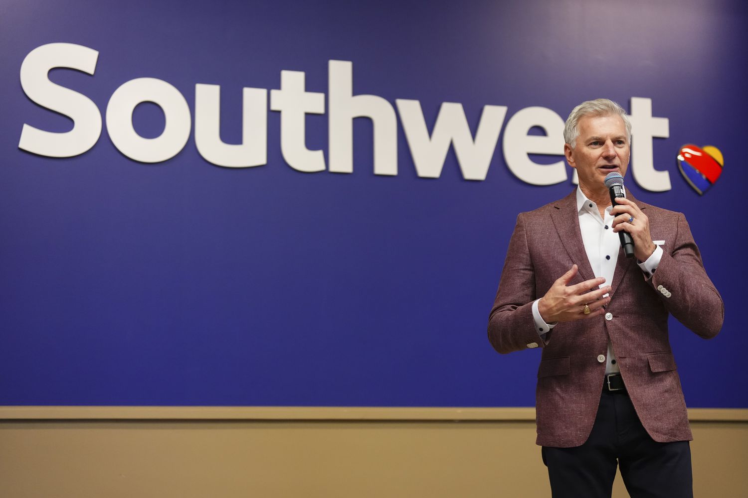 Bob Jordan, CEO of Southwest Airlines, speaks to media during Southwest Airlines Investor Day at Southwest Airlines Headquarters on September 26, 2024 in Dallas, Texas. 
