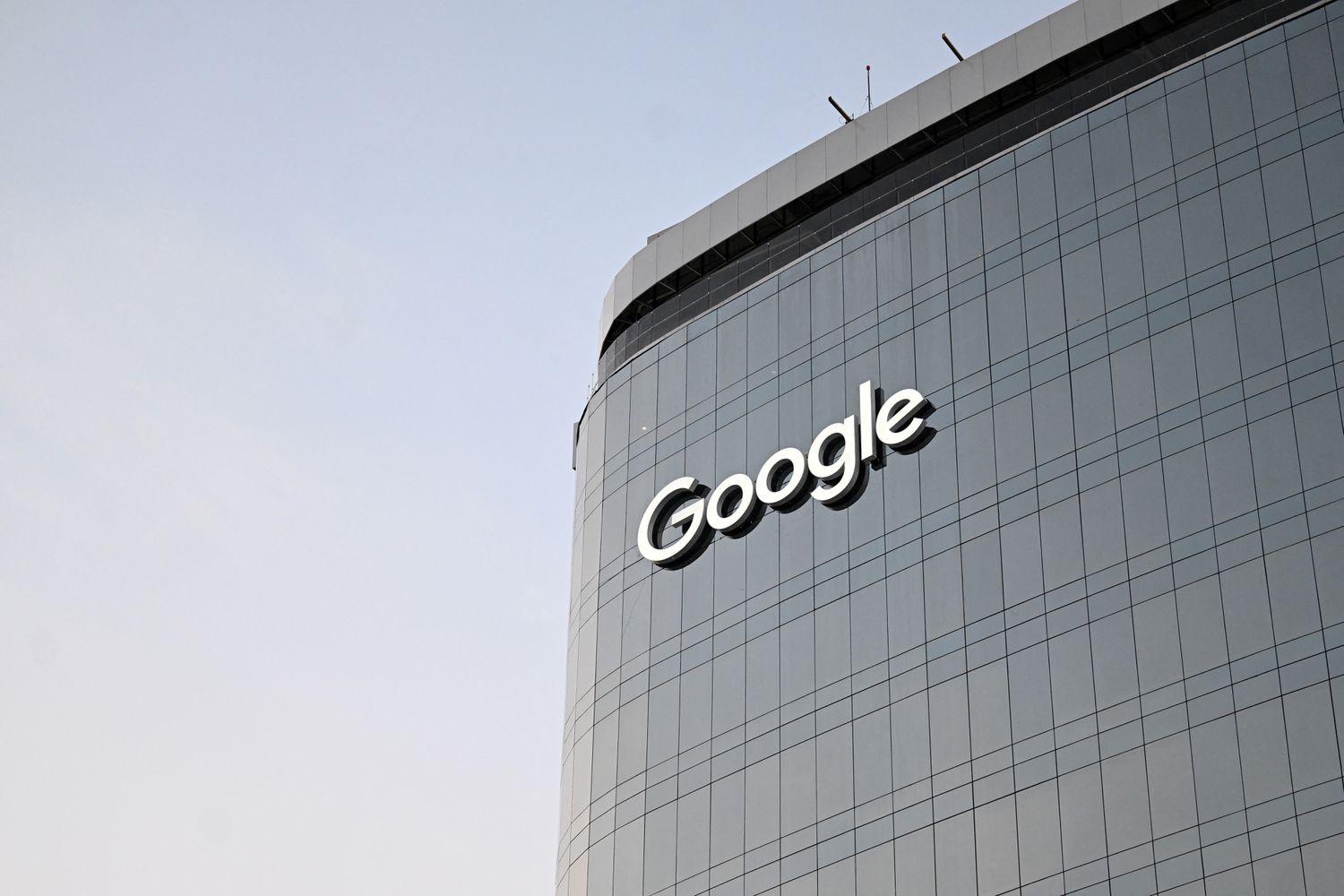 The Google logo on display on a company building.