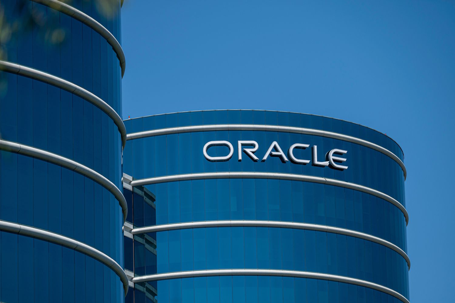 The Oracle logo on an office building.