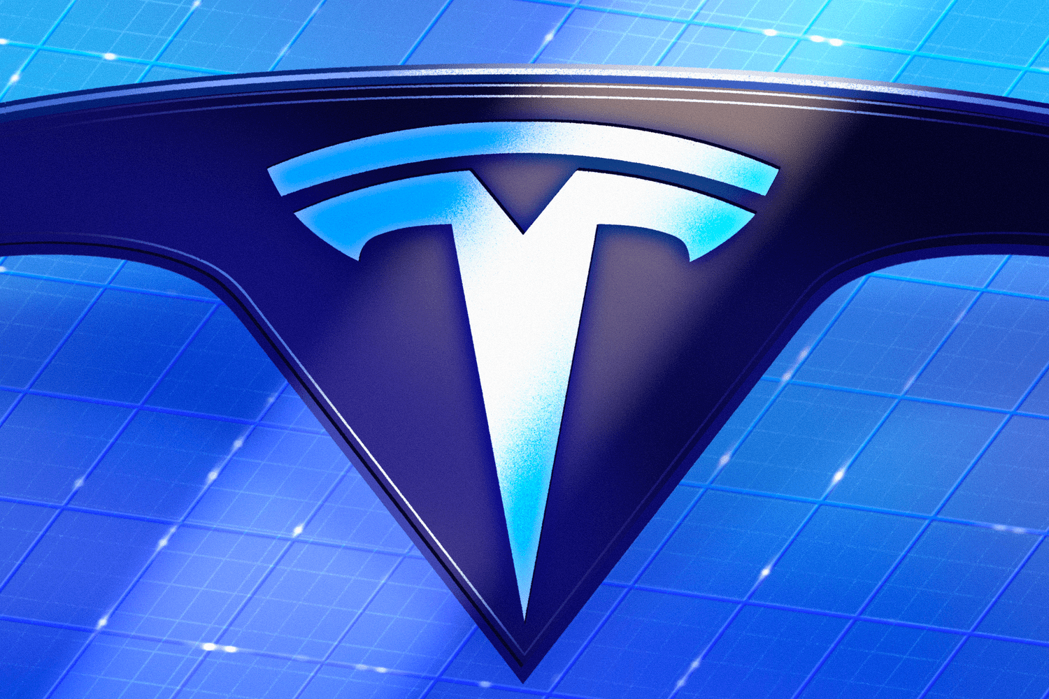 A rendering of the Tesla logo on a light blue background.
