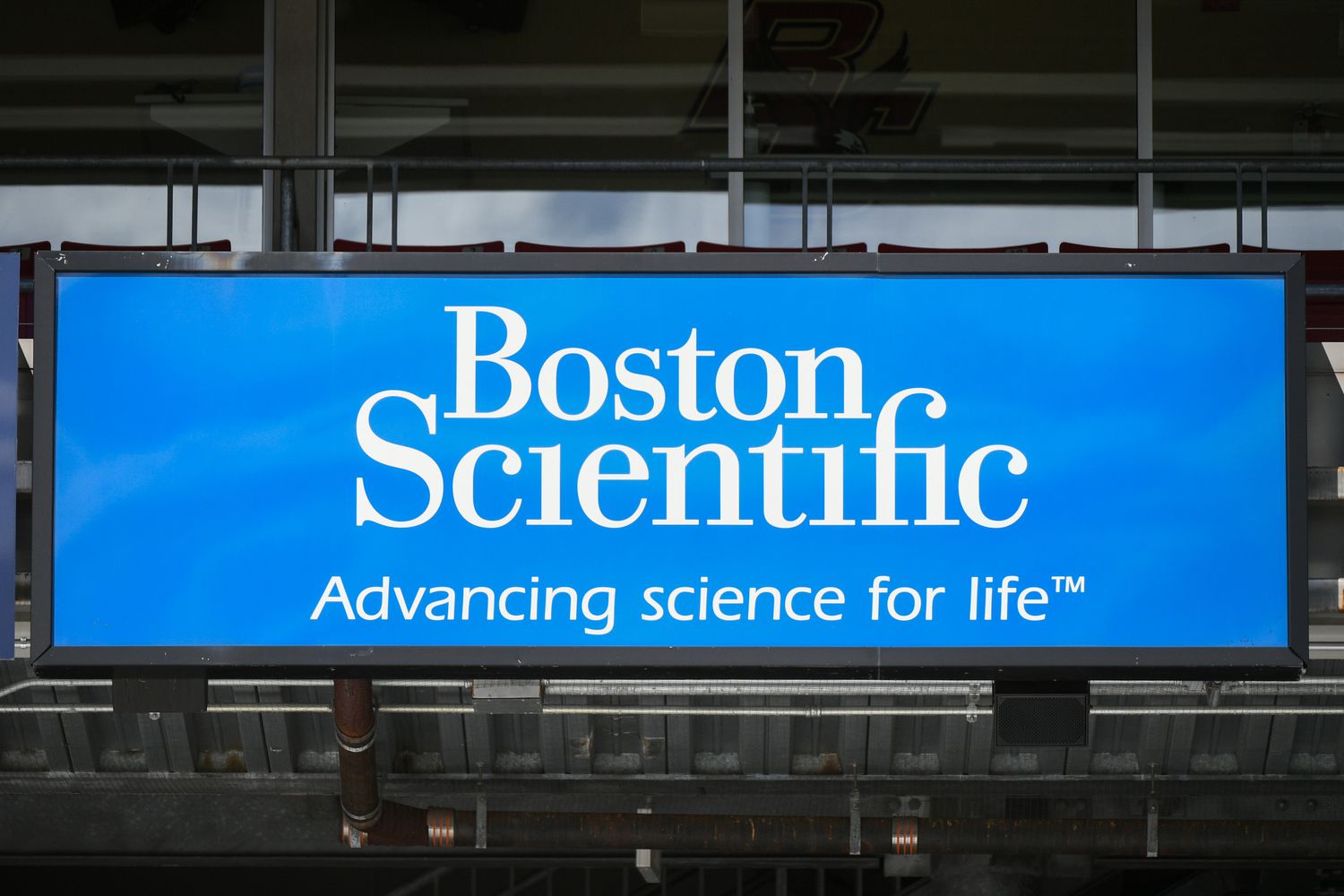 A Boston Scientific advertisement during a women's college lacrosse game between the Notre Dame Fighting Irish and the Boston College Eagles on March 16, 2024 at Alumni Stadium in Chestnut Hill, MA