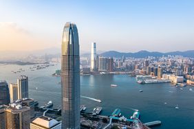 Panorama of Victoria Harbor of Hong Kong city