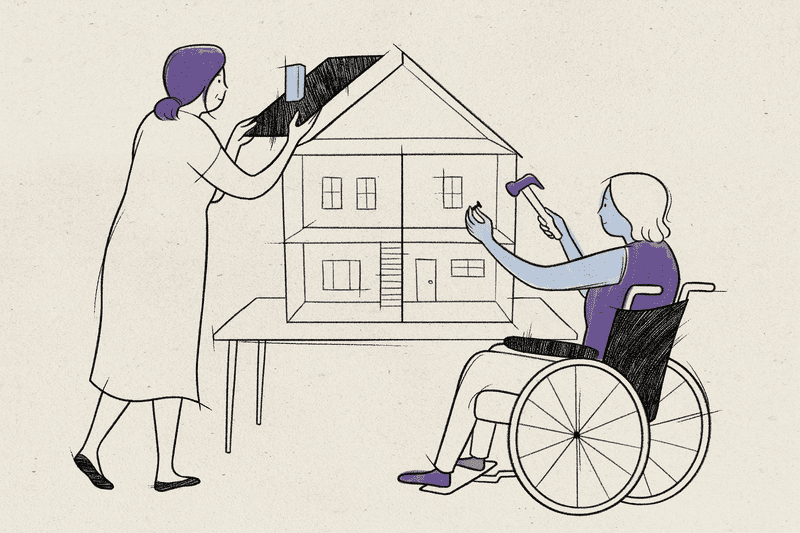 Illustration of two elderly people working on a model of a house. 