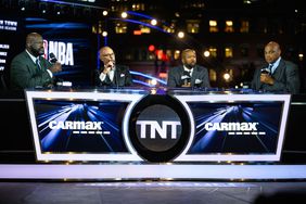 Shaquille O'Neal, Ernie Johnson Jr., Kenny Smith, and Charles Barkley (L-R) during a live presentation of "Inside the NBA" in Boston, Oct. 22, 2024 