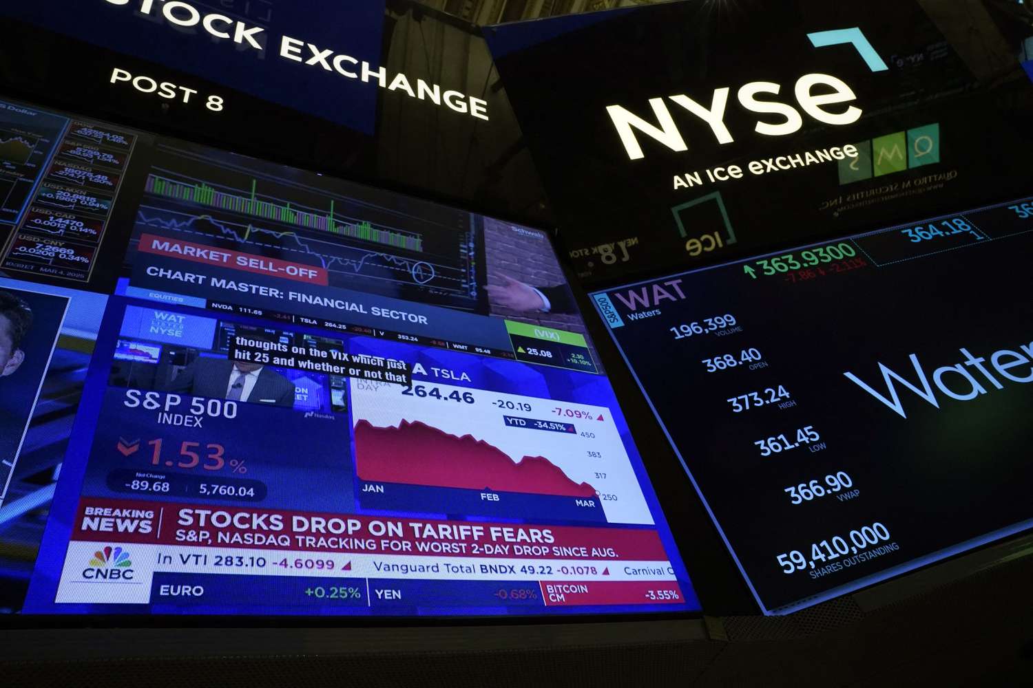 Screens of data and other information seen on the floor of the New York Stock Exchange on Tuesday. 