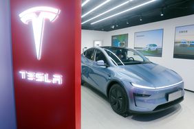 Tesla Model Y electric car in a showroom in Shanghai in April 2025