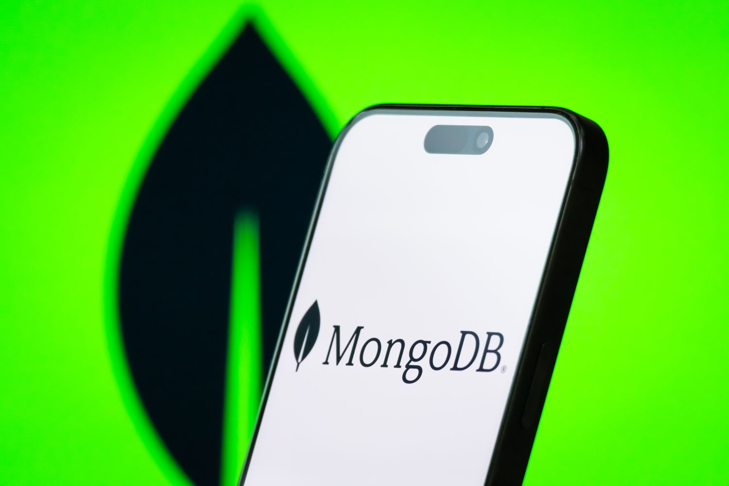 MongoDB logo displayed on a smartphone screen.