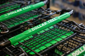 The Dollar Tree logo is seen on a group of green and black shopping carts
