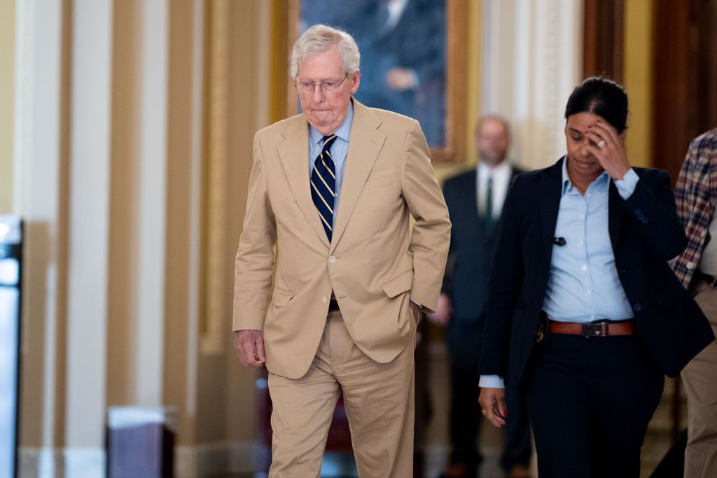 WASHINGTON, DC - JULY 29: Senate Minority Leader Mitch McConnell (R-KY) walks back to his office after speaking in the Senate Chamber on Capitol Hill on July 29, 2024 in Washington, DC. McConnell discussed Israel, the election in Venezuela, and the Supreme Court during a speech on the Senate floor. (Photo by Andrew Harnik/Getty Images)