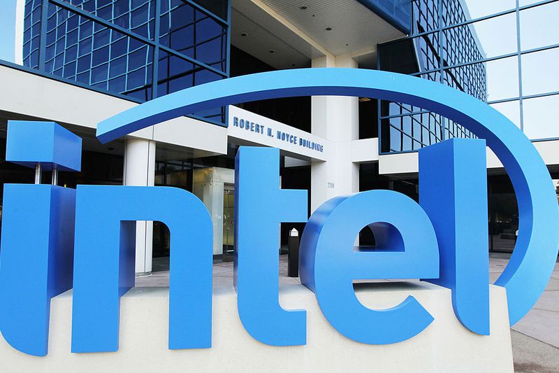 The Intel logo displayed outside of an Intel office in Santa Clara, California.