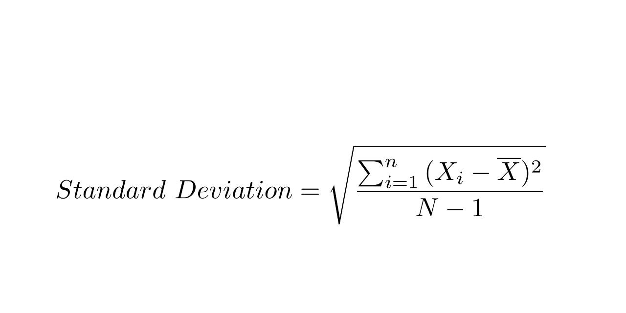 Standard Deviation = Square Root((Sum(Each data point - Mean)^2)/(Number of data points - 1))