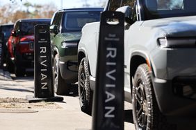 Rivian electric vehicles (EV) are parked at the Rivian Venice Hub on Nov. 13, 2024 in Venice, Calif.