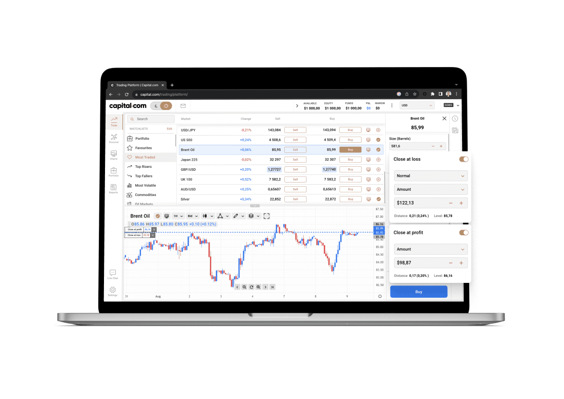 Image shows Capital.com's platform on a laptop against a white background. 