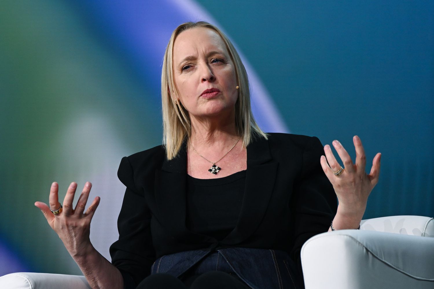 Accenture CEO Julie Sweet speaks during the CES consumer electronics trade show in Las Vegas, on January 8, 2025.