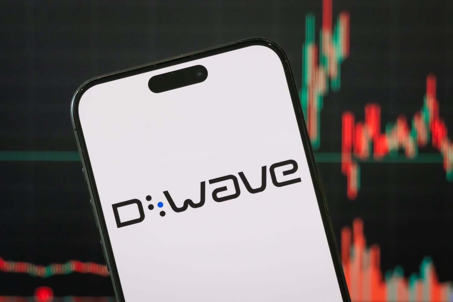 D-Wave logo on a smartphone in front of stock chart.