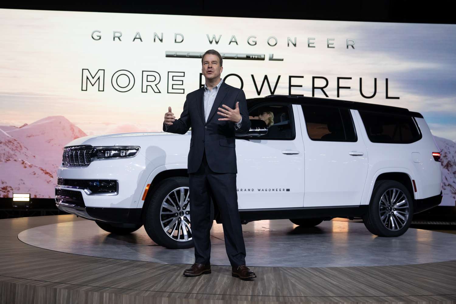 Jim Morrison, head of Jeep brand for FCA North America, unveils the Jeep Grand Wagoneer during the 2022 New York International Auto Show (NYIAS) in New York, U.S., on Wednesday, April 13, 2022.