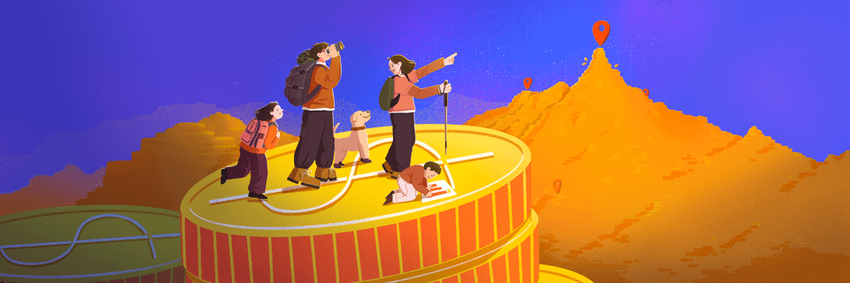 Family standing on coin, looking at their financial goals