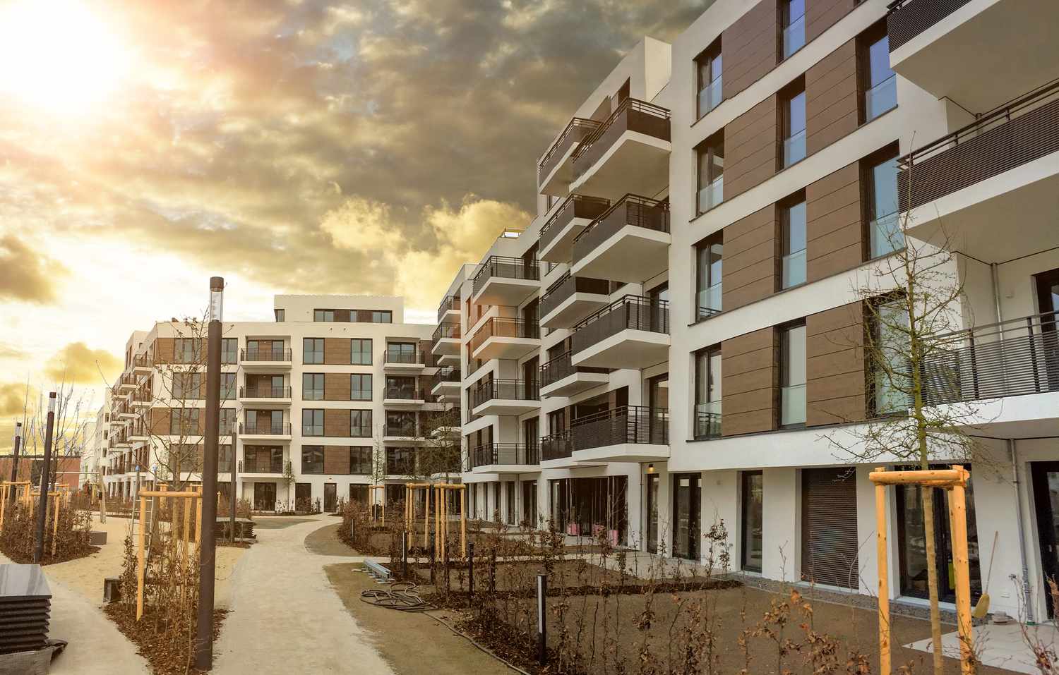 Cityscape with facade of a modern residential building.