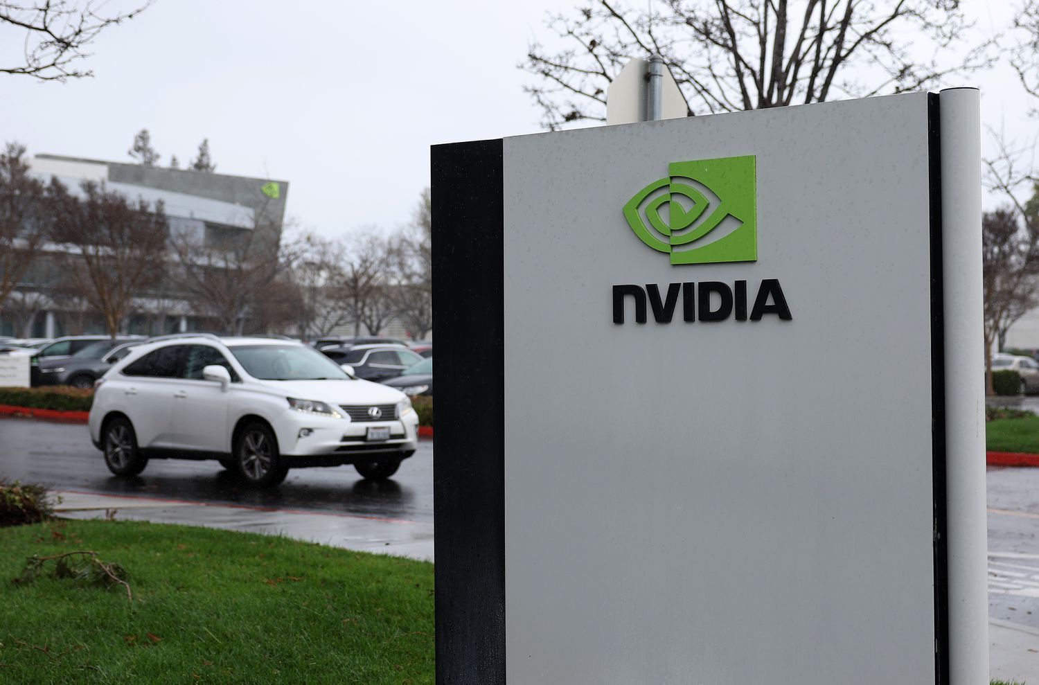 A sign with the Nvidia logo on display.