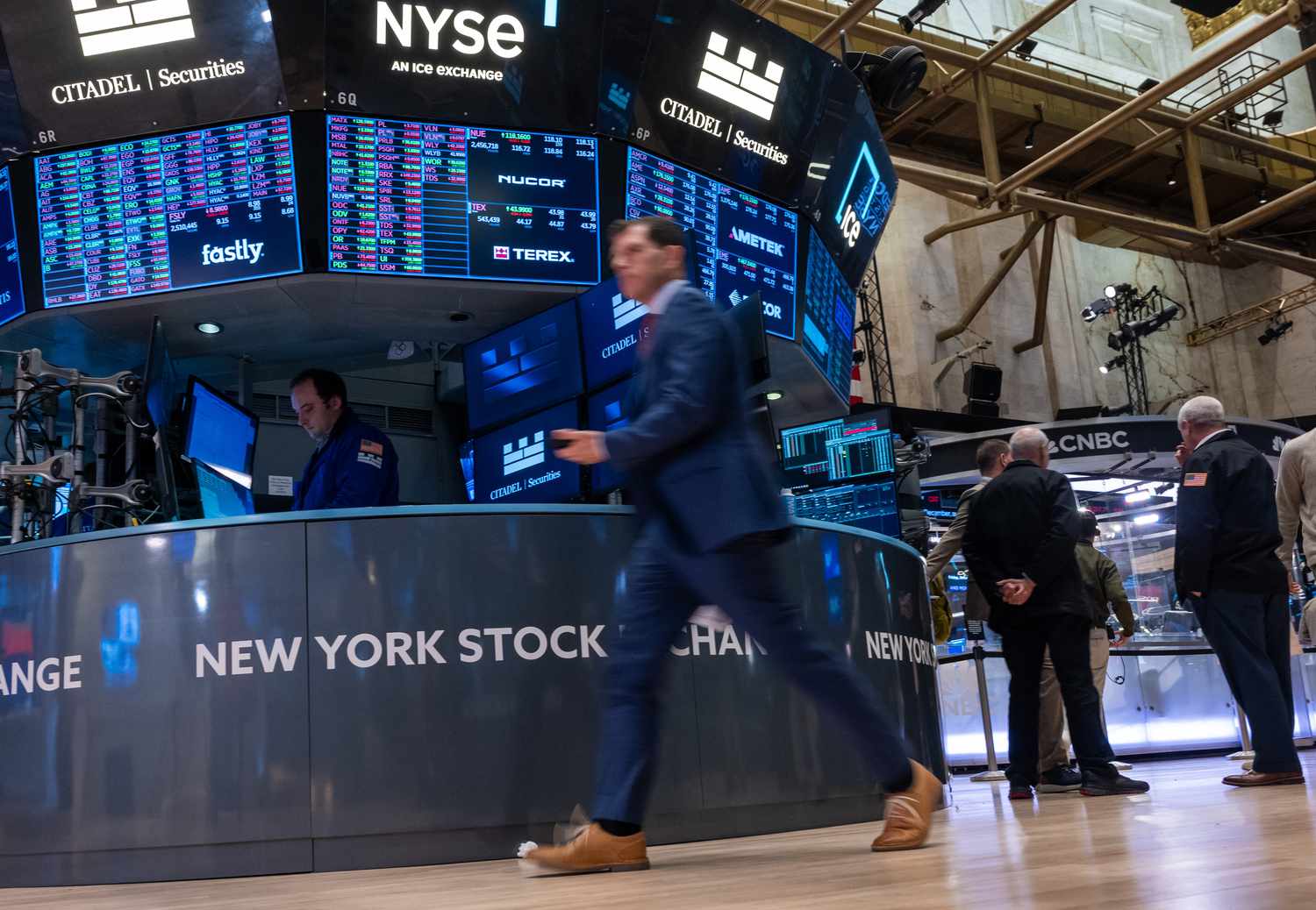 Traders work on the floor of the New York Stock Exchange.